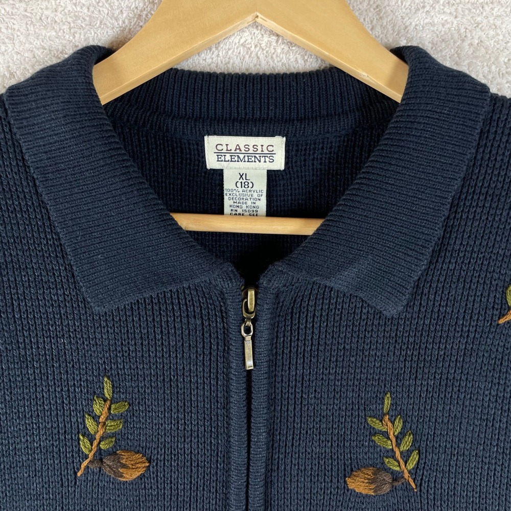classic elements vtg zip cardigan sweater XL navy blue acorns leaves grannycore - Picture 2 of 9